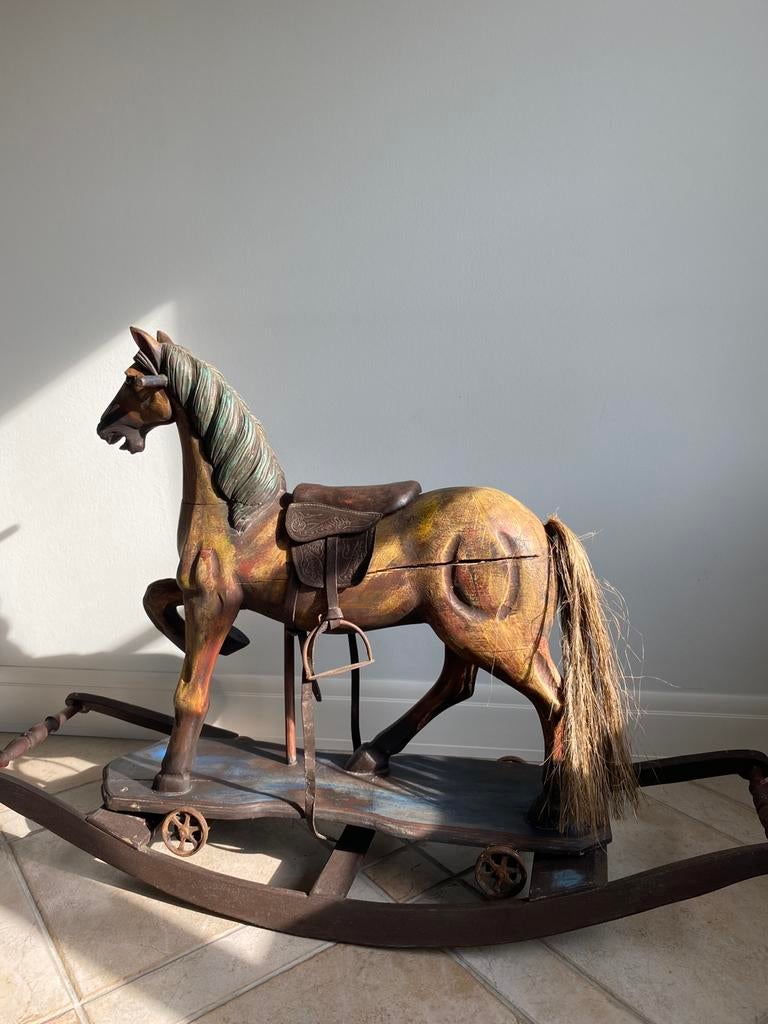 Antiek houten paard met lederen zadel, Ophalen, Gebruikt