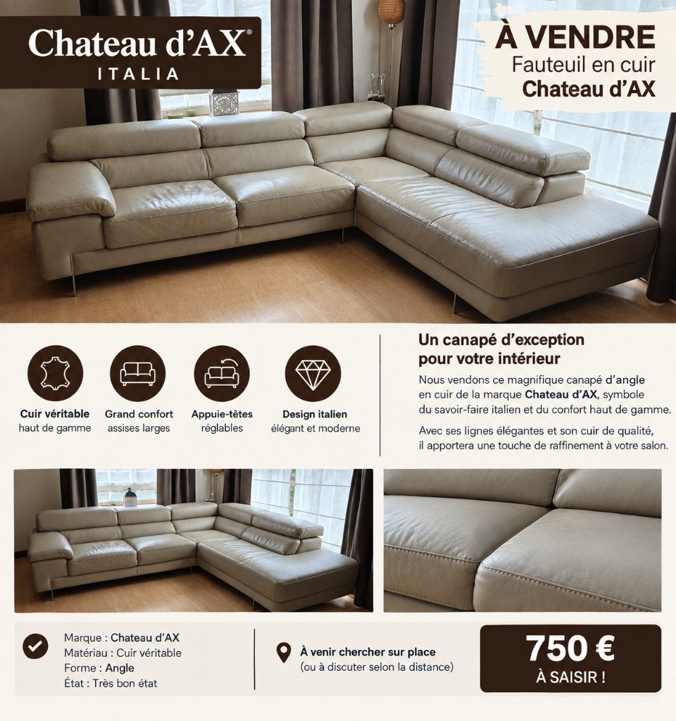 CANAPÉ CHATEAU D’AX EN CUIR - Baisse de prix !, Enlèvement, Utilisé, Style : contemporain, élégant et intemporel – design italien