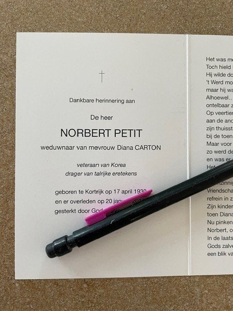 Belgische Korea-Oudstrijder DHR Norbert PETIT  Kortrijk, Ophalen of Verzenden, Bidprentje