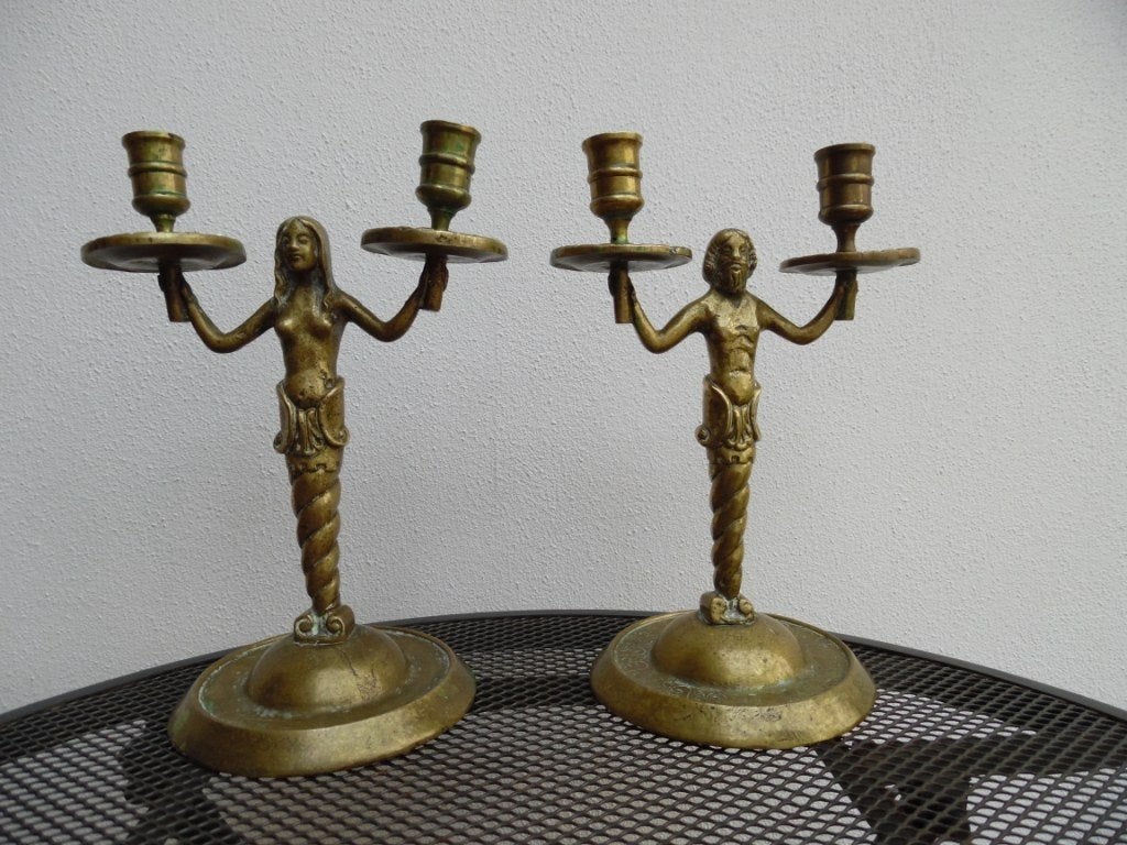 Set bronzen messing kandelaars “zeemeermin, zeemeerman”. , Ophalen
