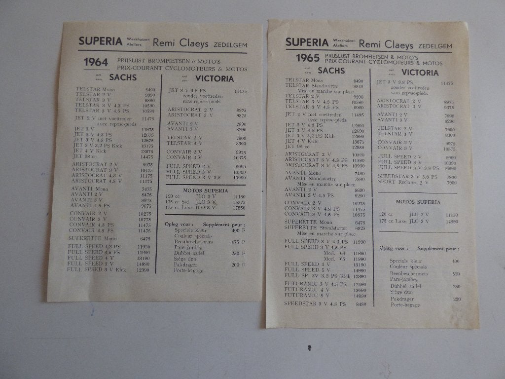 SUPERIA PRIJSLIJSTEN 1964 & 1965, Ophalen of Verzenden, Zo goed als nieuw