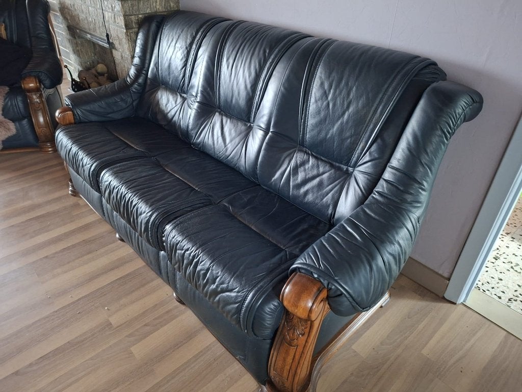 Vintage leren salonset – 3-zitsbank + 2 zetels, Huis en Inrichting, Ophalen, Driepersoons, Zo goed als nieuw, Rechte bank