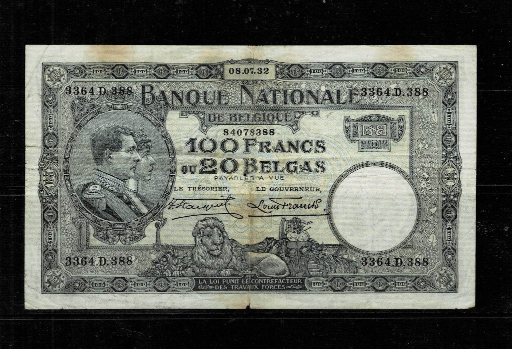 EUROPE BELGIQUE BILLET 100 FRANCS (20 BELGA) DU 08.07.1932, Timbres & Monnaies, Billets de banque | Belgique, Enlèvement, Billets en vrac