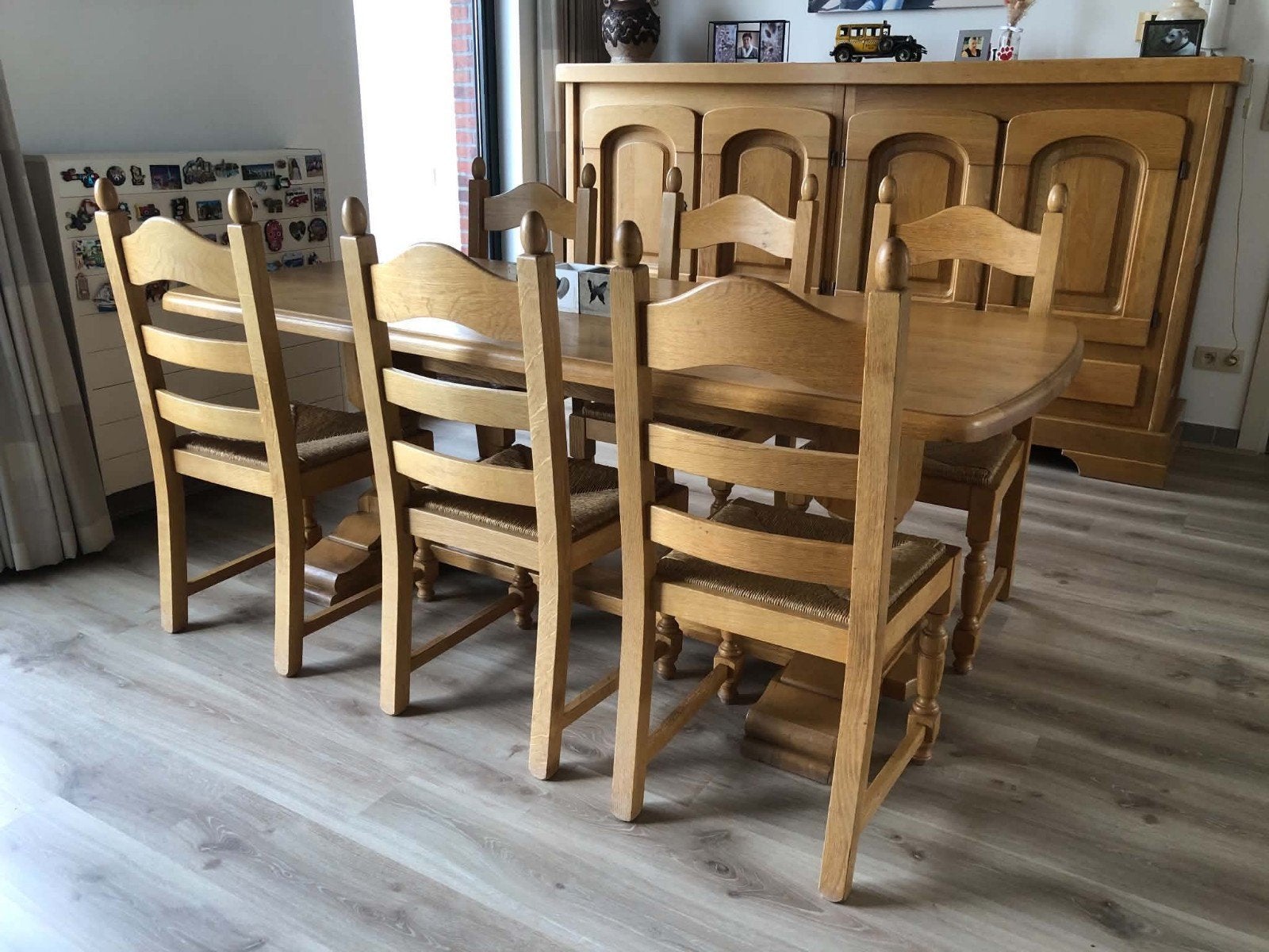 zes klassieker stoelen, rieten zitvlak, licht eik, Huis en Inrichting, Ophalen, Gebruikt, Klassiek lichte eik, 4 tot 6 stoelen
