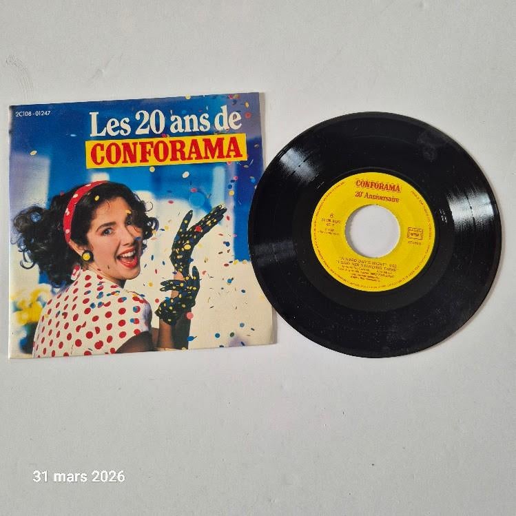 Pub les 20 ans de Conforama 1987, en 45 tours beatle, CD & DVD, Vinyles | Dance & House, Pochette photo, 7 inch, 1980 - 1989, Autres genres