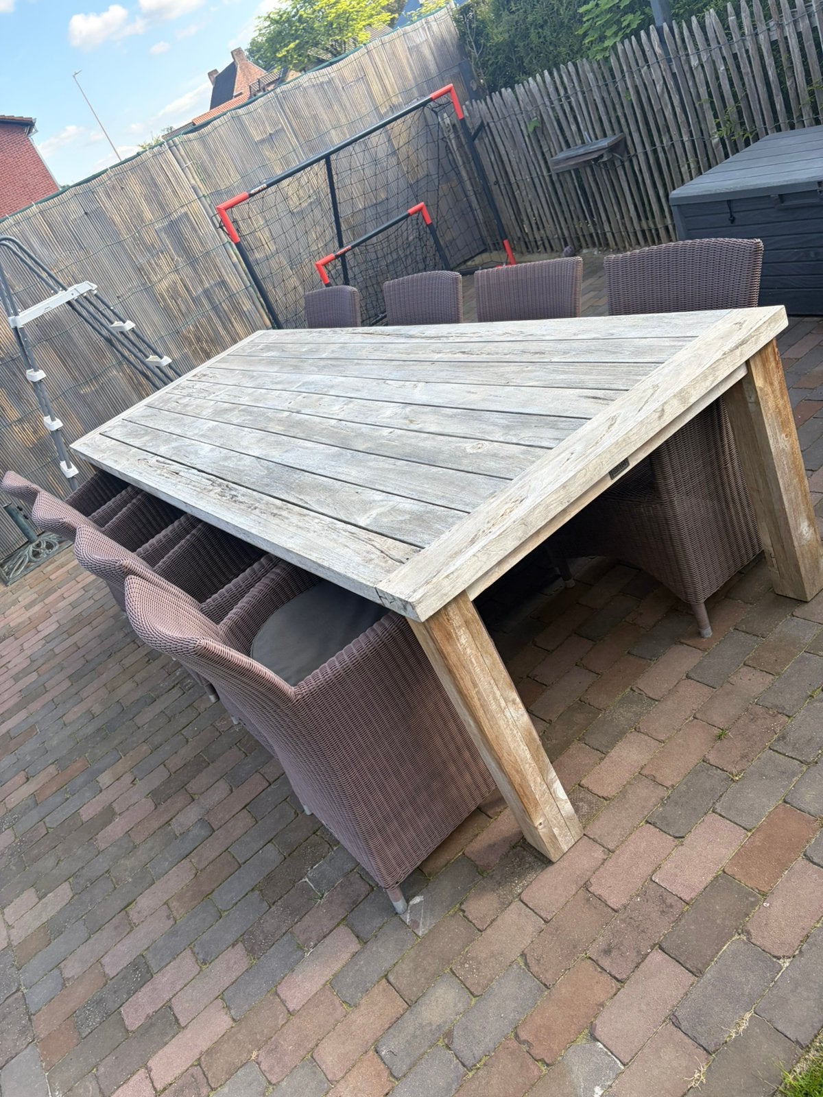 mobilier de jardin en teck 3 m de long comprenant 8 chaises, Enlèvement, Comme neuf, Rectangulaire, Bois de teck