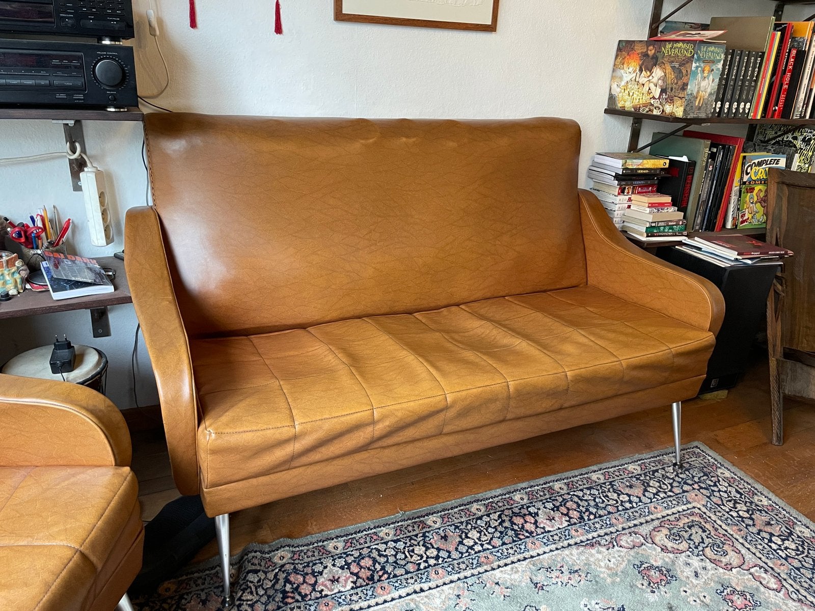 Vintage sofa set. 2 fauteuils en 3-zit. Italiaans design, Ophalen, Gebruikt, Leer, Italiaans