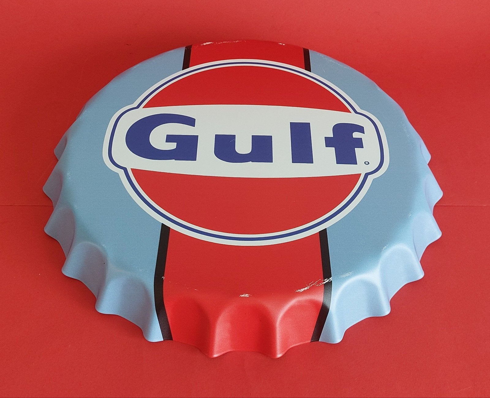 Gulf Oil 35 cm capsule metalen wanddecoratie, Ophalen of Verzenden, Nieuw, Reclamebord