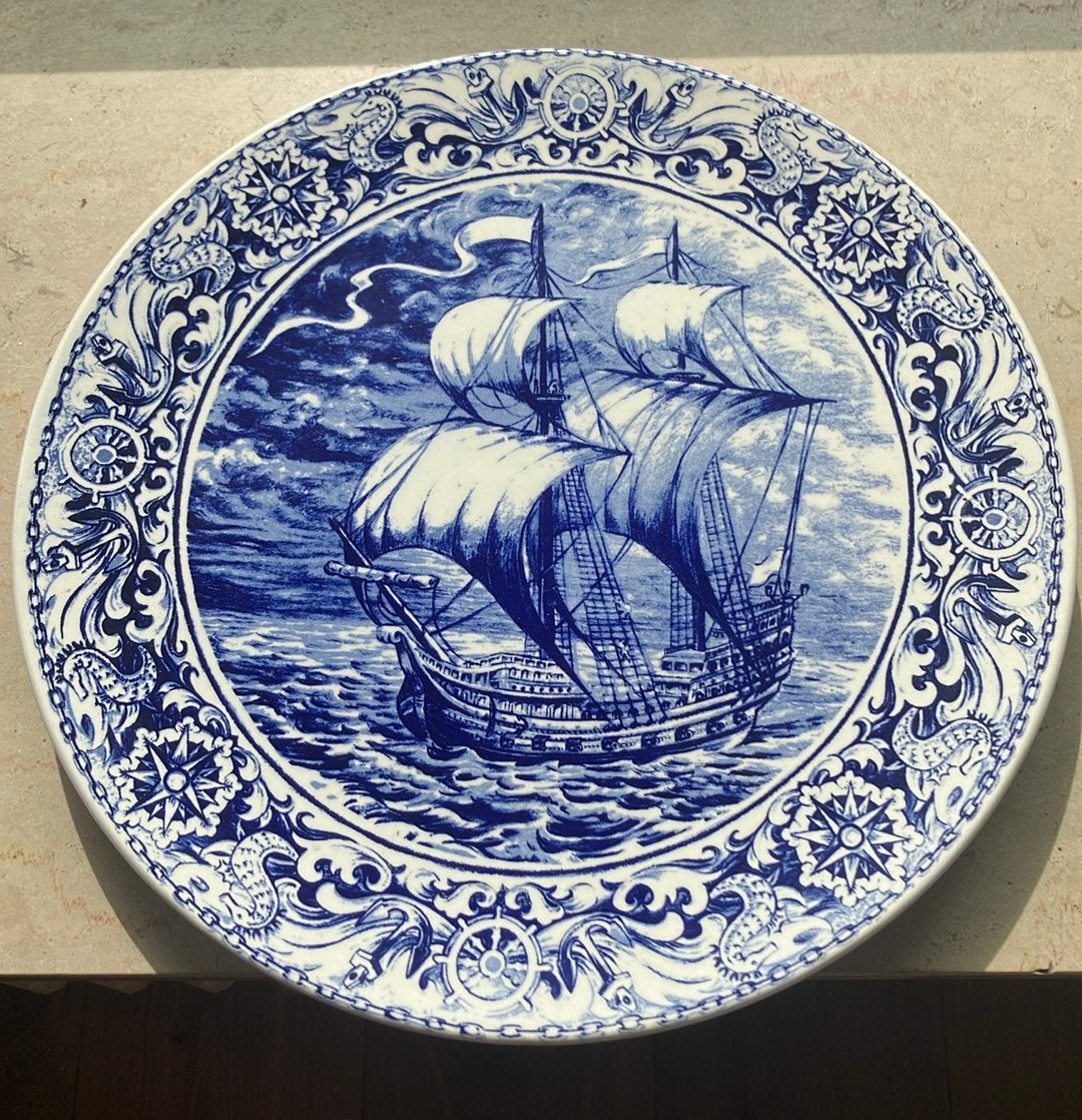 Vintage Delfts Blauw Wandbord - Zeilschip - Boch Frères, Antiek en Kunst, Ophalen