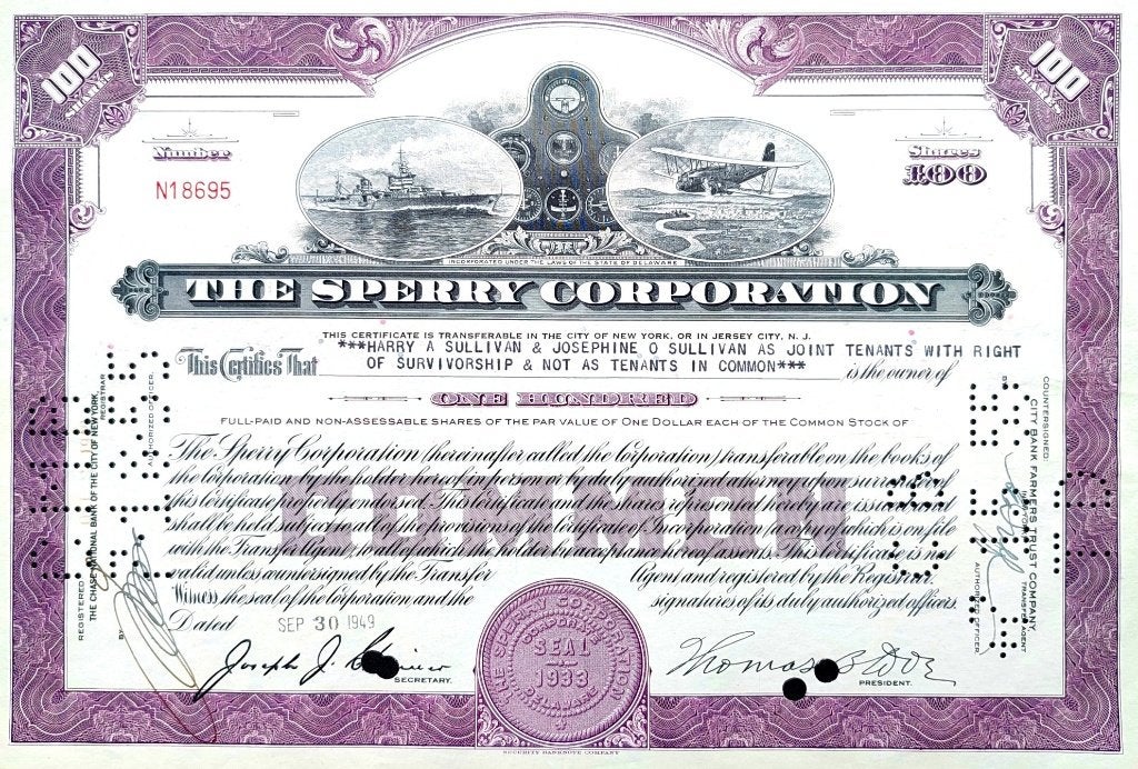 The Sperry Corporation 1949, Enlèvement ou Envoi, 1920 à 1950, Certificat d'action