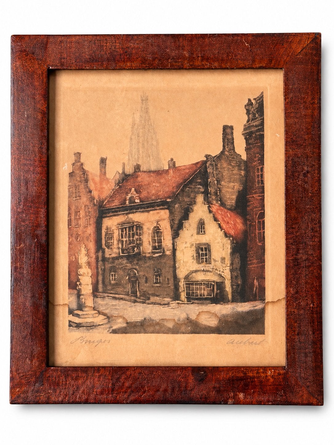 Antieke gekleurde ets – Brugge – gesigneerd Aubert, Realistisch, Ophalen of Verzenden, Gesigneerd, Tekening