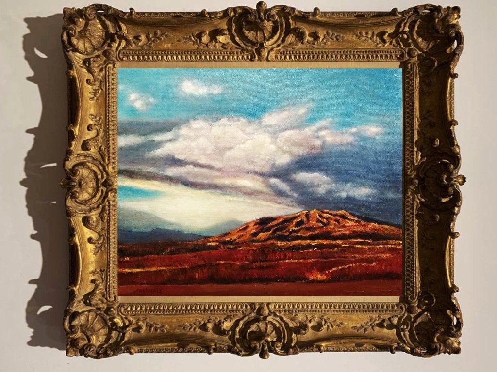 « Paysage de montagne », Antiquités & Art, Art | Peinture | Moderne, Textile, Peinture à l'huile, Paysage, Sur cadre en bois