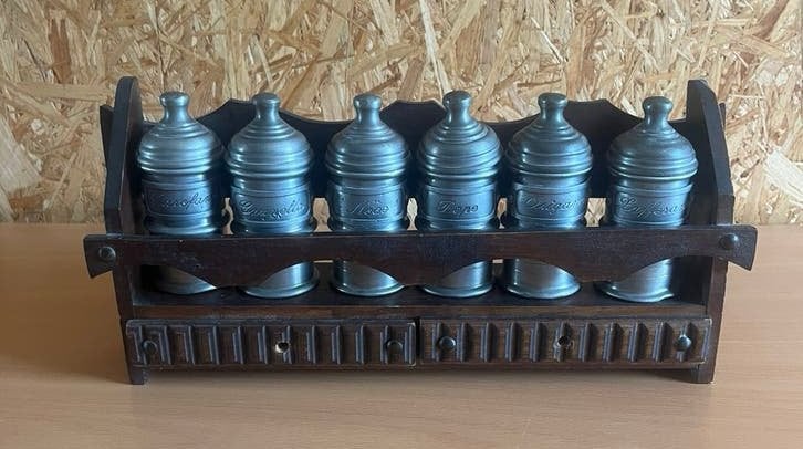 Vintage 95% art tinnen kruidenhouder - Compleet met 6 potjes, Antiek en Kunst, Antiek | Tin, Ophalen