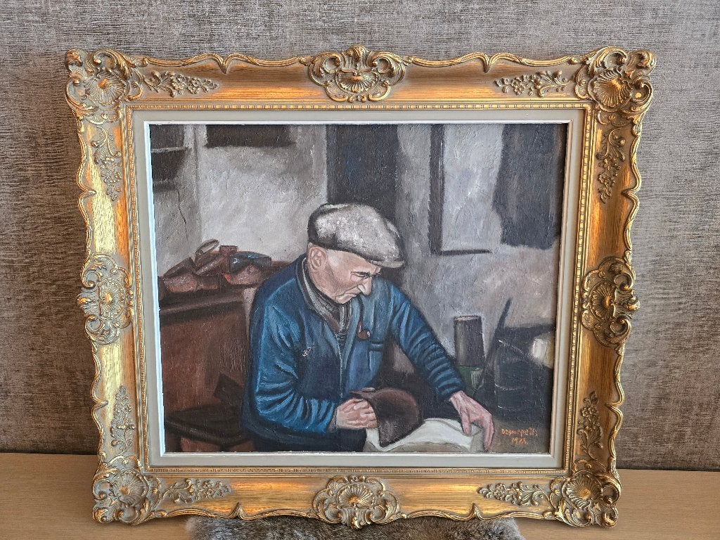 Schilderij blokmaker - goudkleurige houten lijst - 76x65 cm, Antiek en Kunst, Ophalen, Klassiek, Bijzondere lijst, Portret of Personen