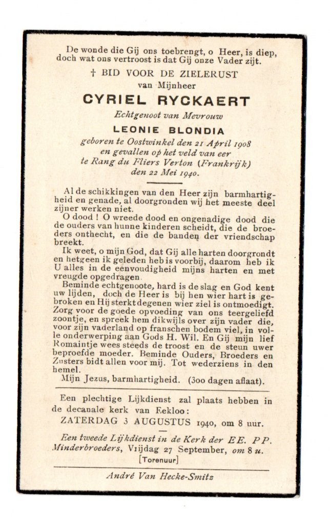 doodsprentje soldaat Oostwinkel + Rang du Fliers 1940, Collections, Enlèvement ou Envoi, Armée de terre, Photo ou Poster