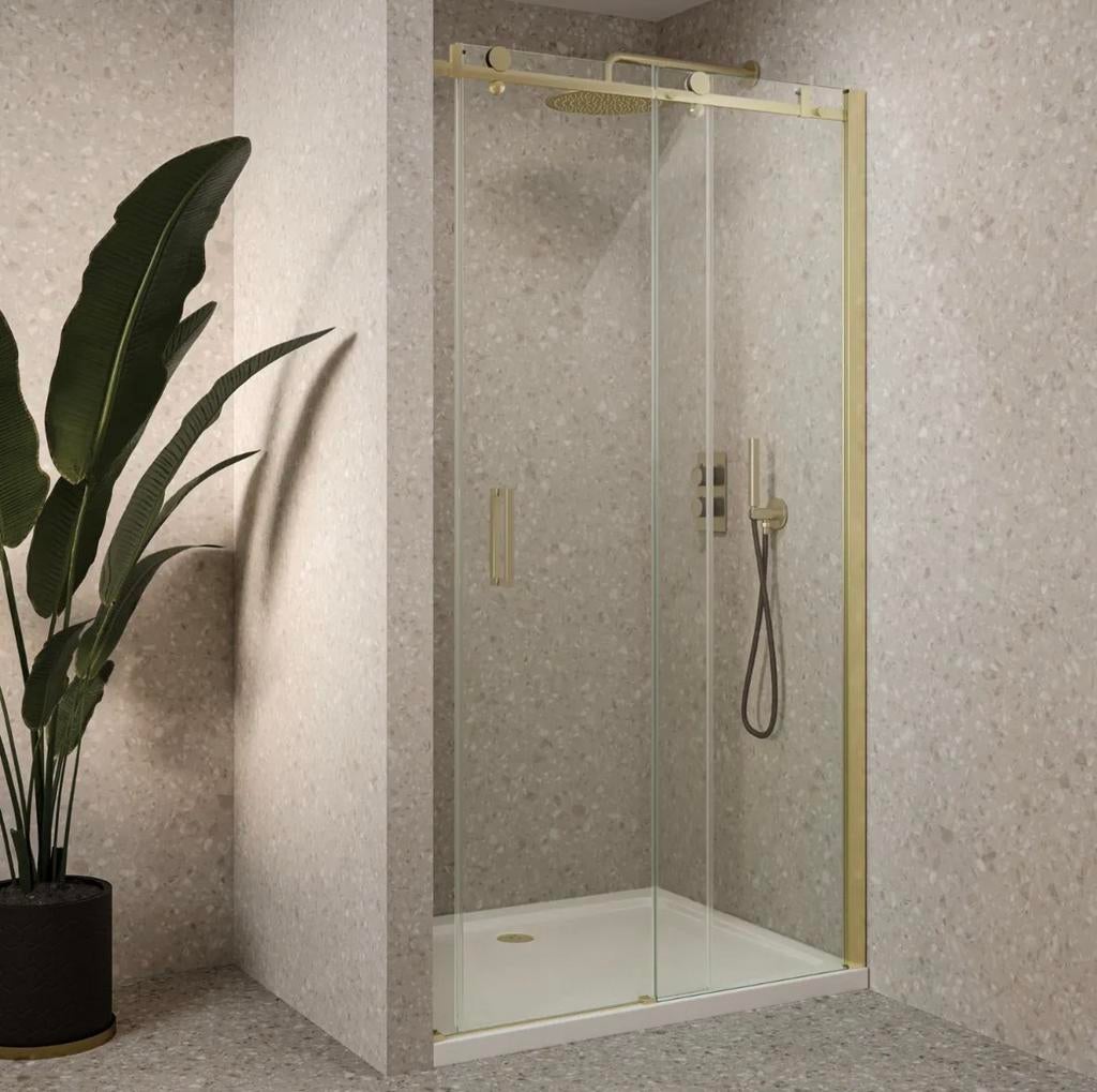 Douche schuifdeur Saniclear geborsteld messing 100cm, Ophalen, Nieuw