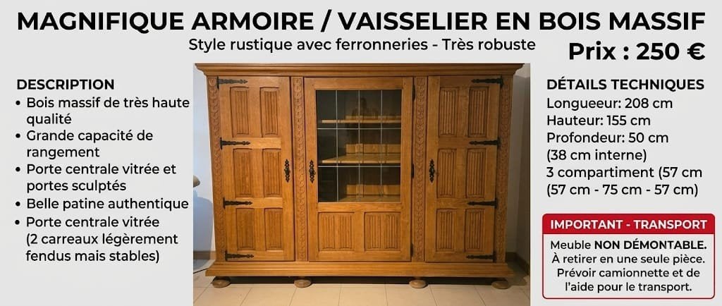 Magnifique armoire / vaisselier en bois massif – Style rusti, Maison & Meubles, Enlèvement, Utilisé