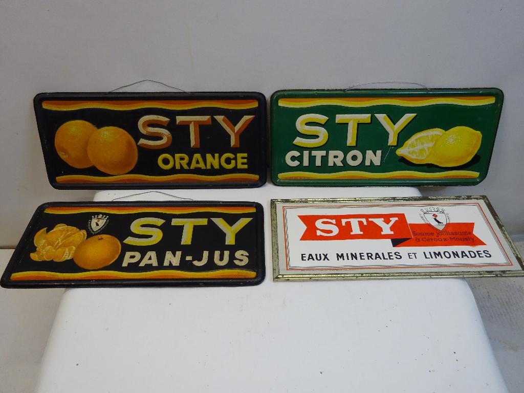 4 reclamebordjes STY,Belgisch water en limondesproducent., Collections, Enlèvement ou Envoi, Utilisé, Panneau publicitaire