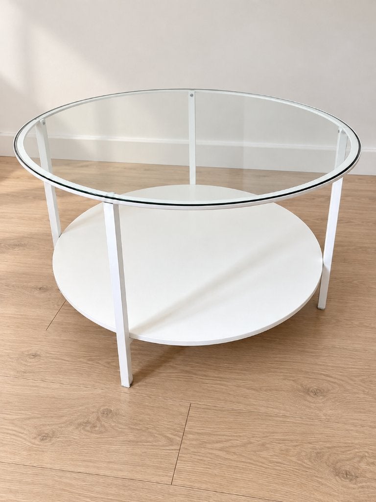 Table basse ronde IKEA VITTSJÖ blanche en verre, Maison & Meubles, Comme neuf, Verre, Enlèvement, 50 à 100 cm