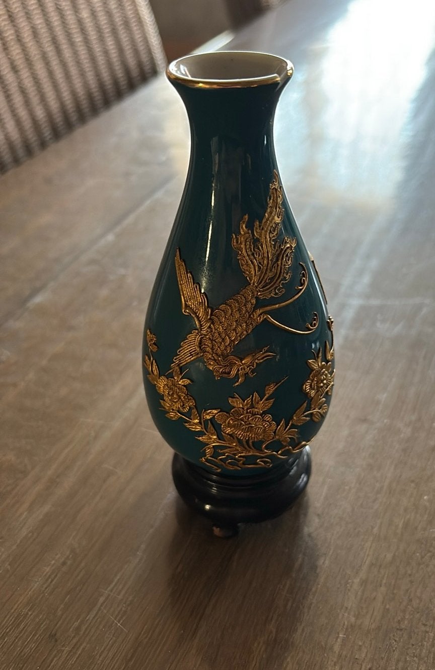 Vintage Miniatuur Vaas – Turquoise met Goudreliëf (Feniks), Antiek en Kunst, Antiek | Vazen, Ophalen of Verzenden
