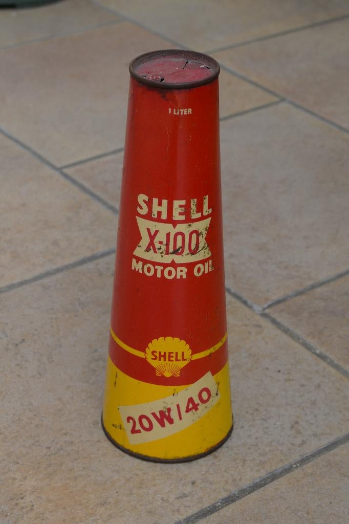 zeldzame oude conische shell olie blik 1 liter, Verzamelen, Ophalen of Verzenden, Gebruikt, Reclamebord