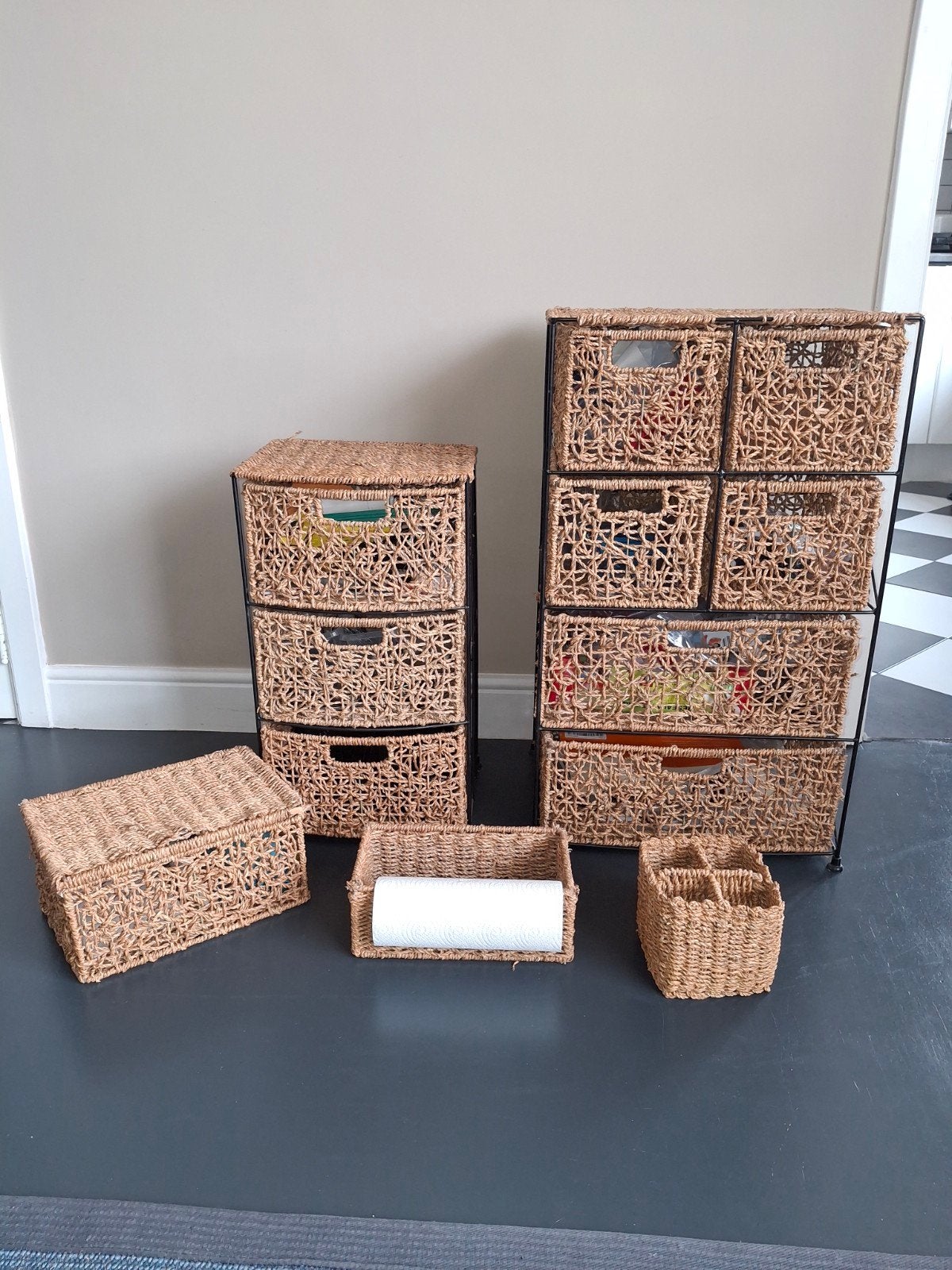 5 rieten manden / ladekastjes, Ophalen, Gebruikt