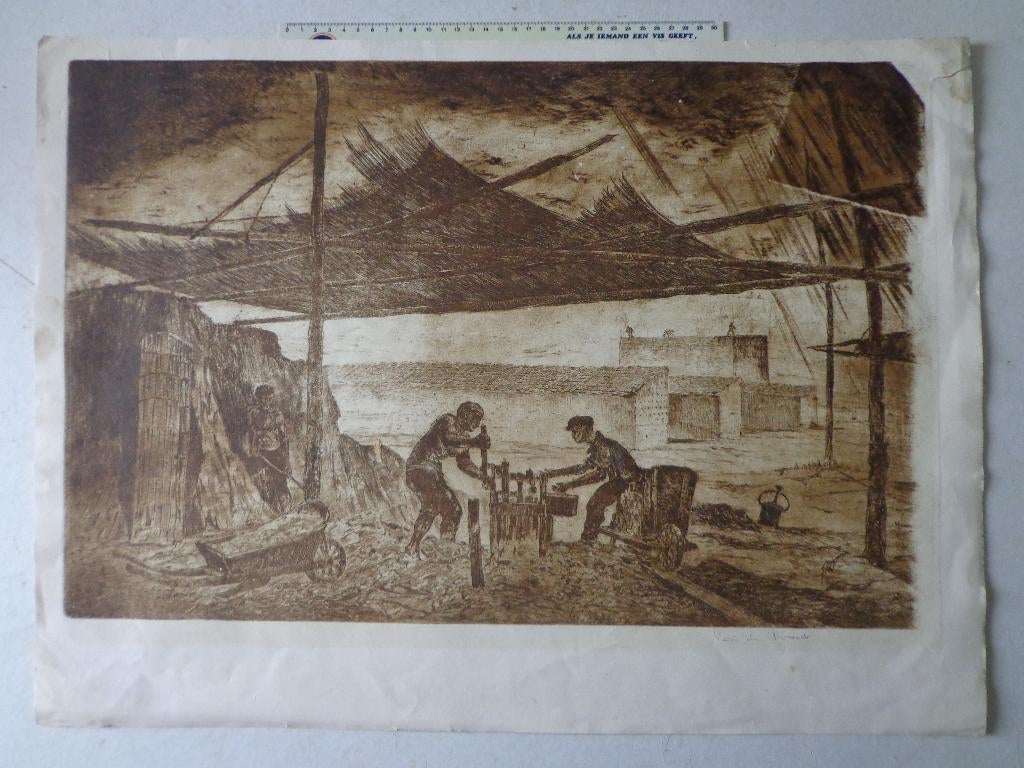 Grote ets in bister "Steenbakkerij" door Van den Broeck, Antiek en Kunst, Origineel, Ophalen of Verzenden, Landschap, 1950 - 1999