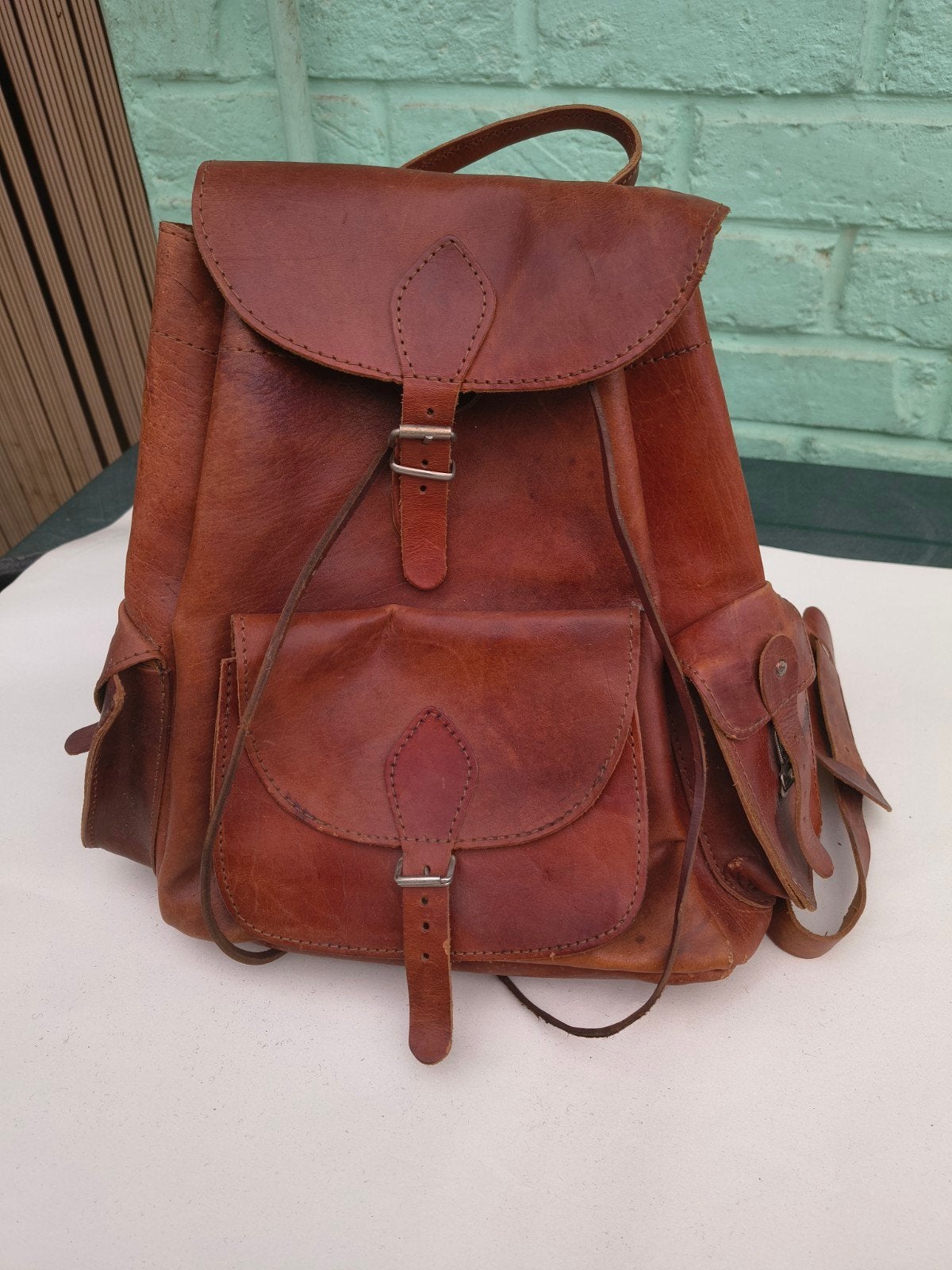 Rugtas (leder en handgemaakt), 25 tot 40 cm, Ophalen of Verzenden, Zo goed als nieuw, Trekking