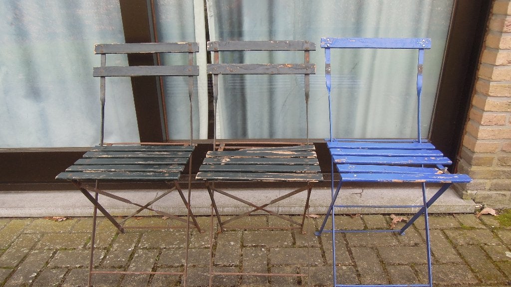 3 vintage, plooibare tuinstoelen / bistrstoelen, Ophalen, Gebruikt, Metaal, Inklapbaar