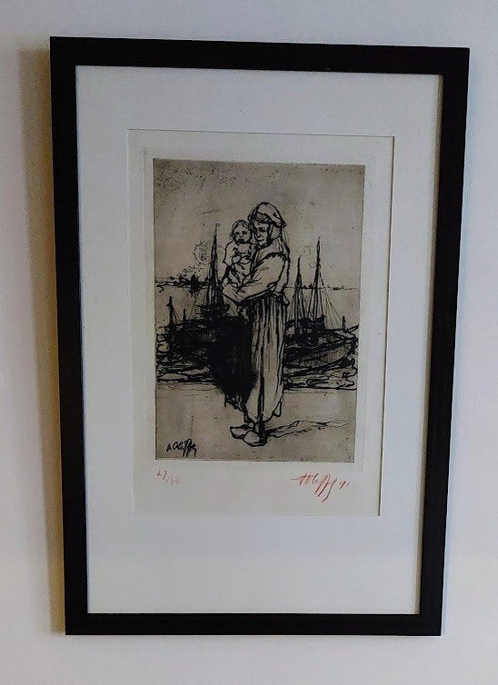 Oleffe August - Ets anno 1920/Getekend/kader/Nummer:, Antiek en Kunst, Dagelijks leven, Ets, Ophalen of Verzenden, 44 cm
