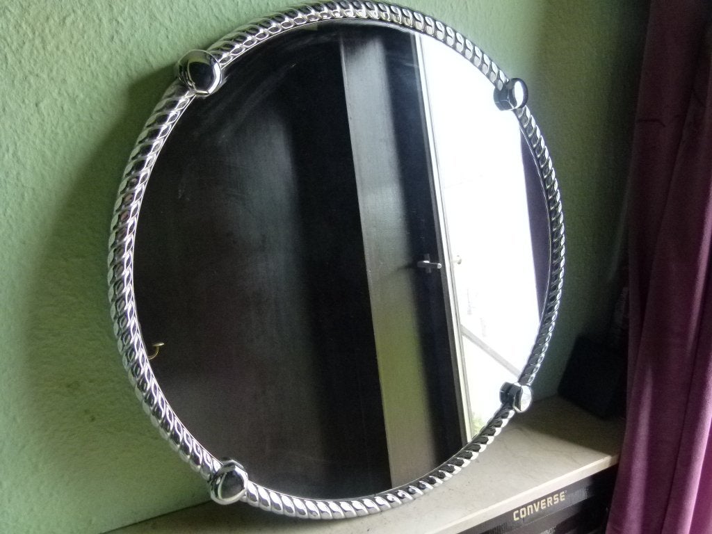 vintage spiegel gevlochten chrome omranding 70er, Huis en Inrichting, Woonaccessoires | Spiegels, Ophalen, Rond, Zo goed als nieuw