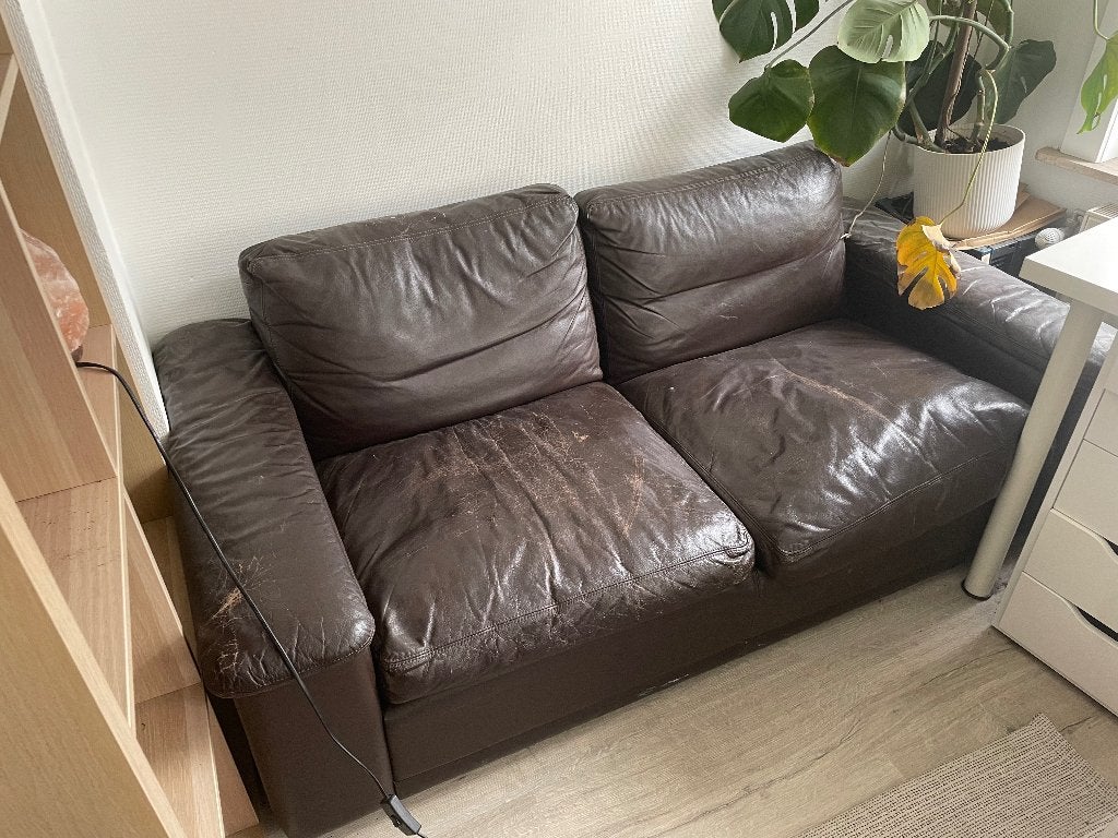 Bruine leren zetel, Huis en Inrichting, Ophalen, Gebruikt, 150 tot 200 cm, Tweepersoons