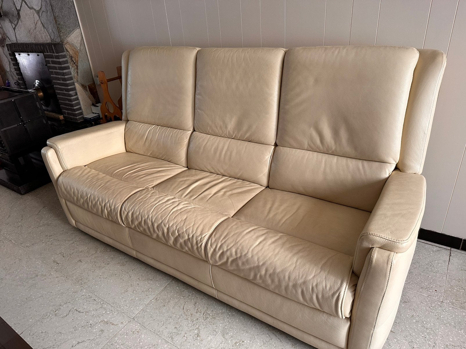 Beige lederen zetel, Huis en Inrichting, Ophalen, Gebruikt, Driepersoons, Leer