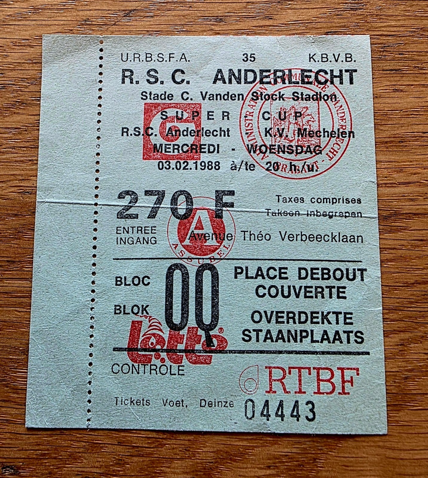 Ticket Super Cup 03/02/1988 : RSC Anderlecht - KV Mechelen, Verzenden, Gebruikt
