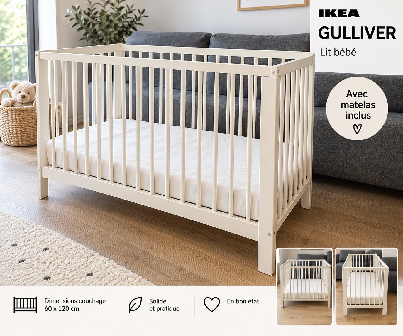 Lit bébé IKEA GULLIVER blanc + matelas – 60x120 cm, Enfants & Bébés, Enlèvement, Utilisé