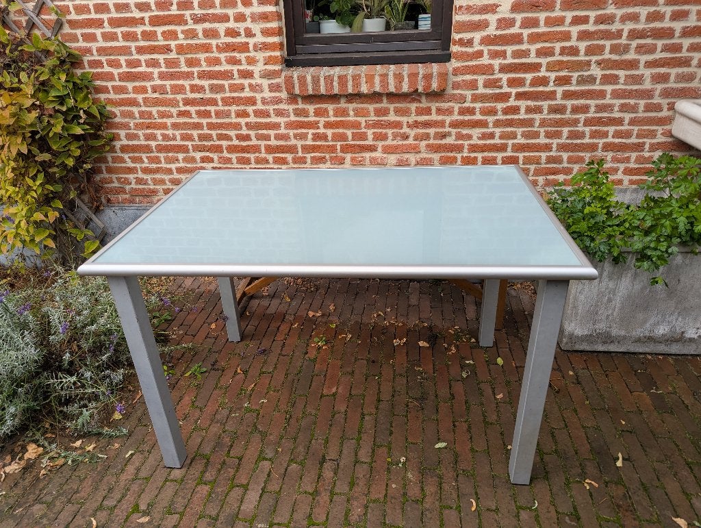 Tafel mat-glas en metaal 117x78x74cm, Ophalen, Gebruikt, 100 tot 150 cm, 50 tot 100 cm