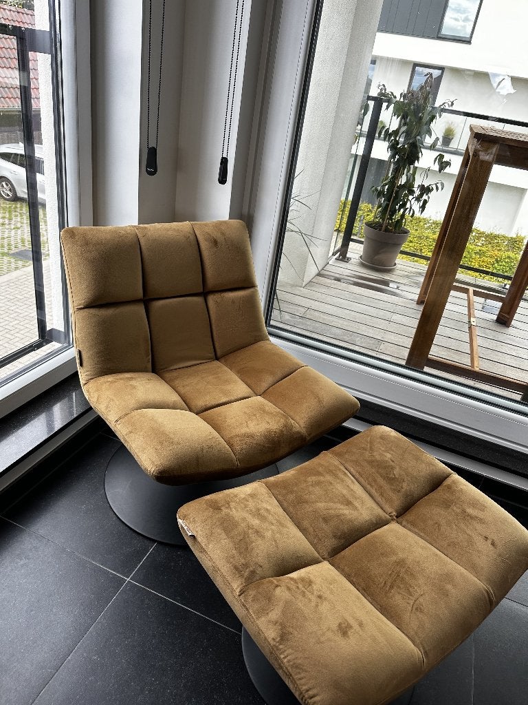 Dutchbone Bar fauteuil + hocker – Velvet Golden Brown, Huis en Inrichting, Ophalen, Gebruikt, Vintage, 75 tot 100 cm
