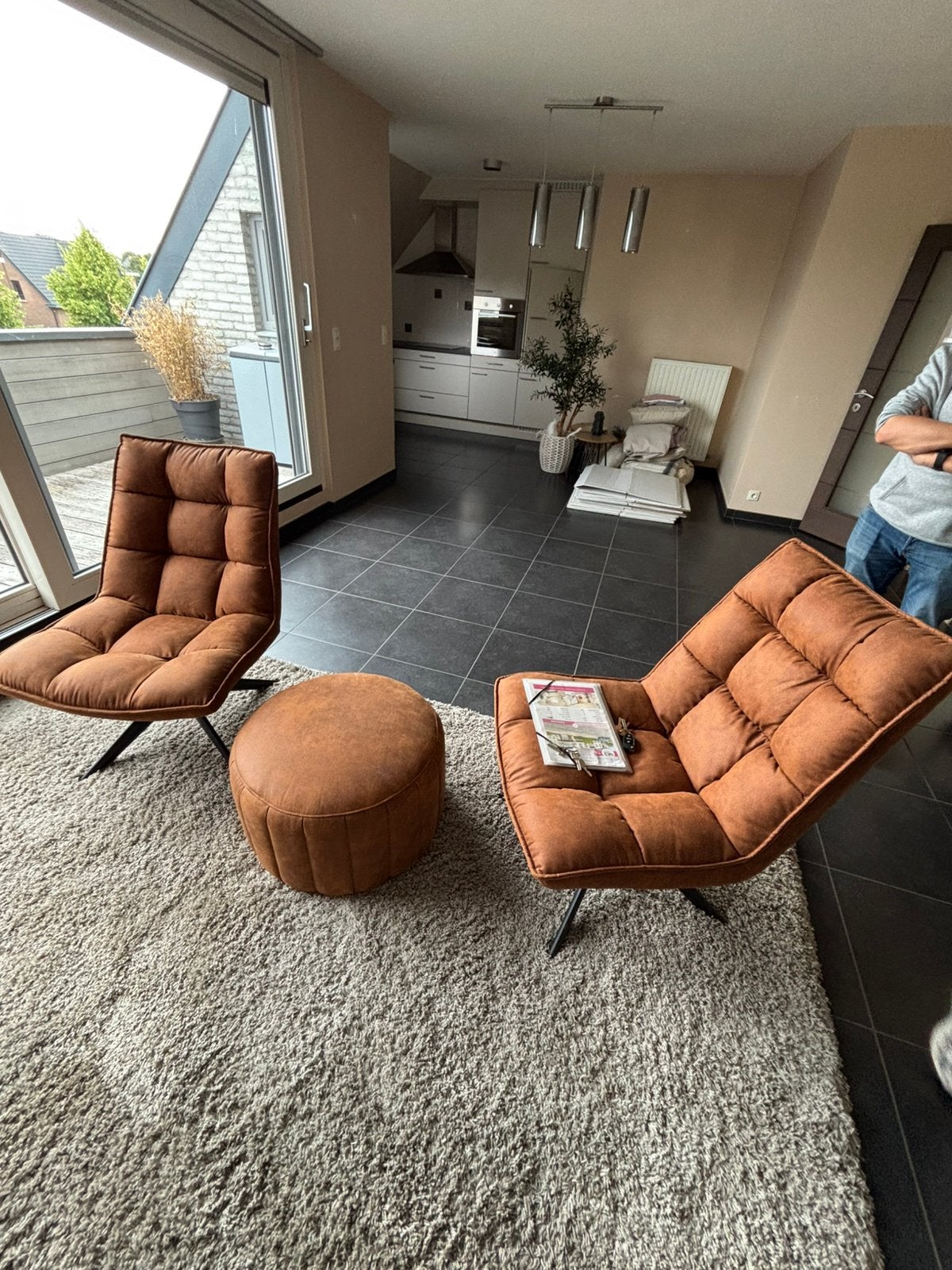 Wood fauteuils + poef, Enlèvement, Comme neuf, Cuir, Moderen