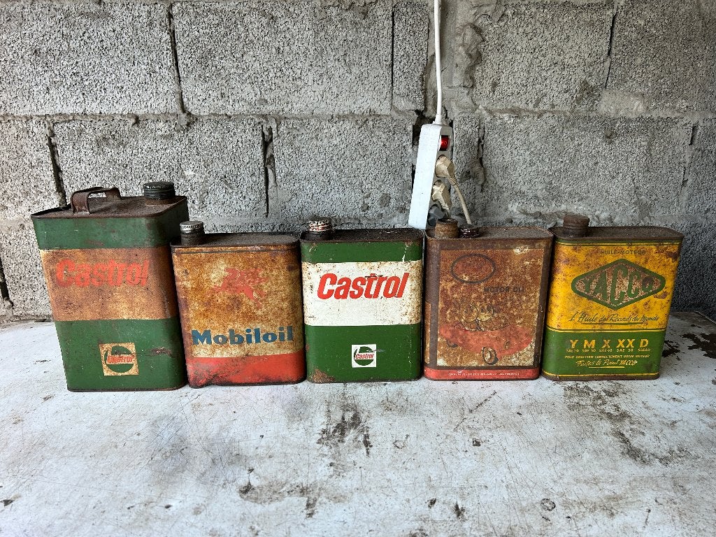 5 vintage olieblikken, Verzamelen, Ophalen, Gebruikt, Overige typen