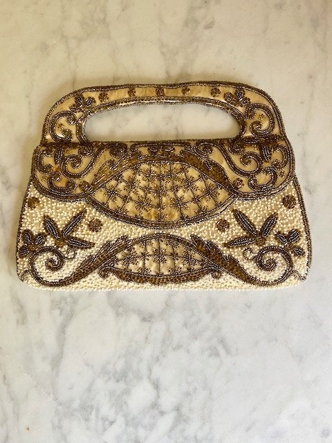 vintage avondclutch, Ophalen of Verzenden, Gebruikt, Beige, Avondtasje