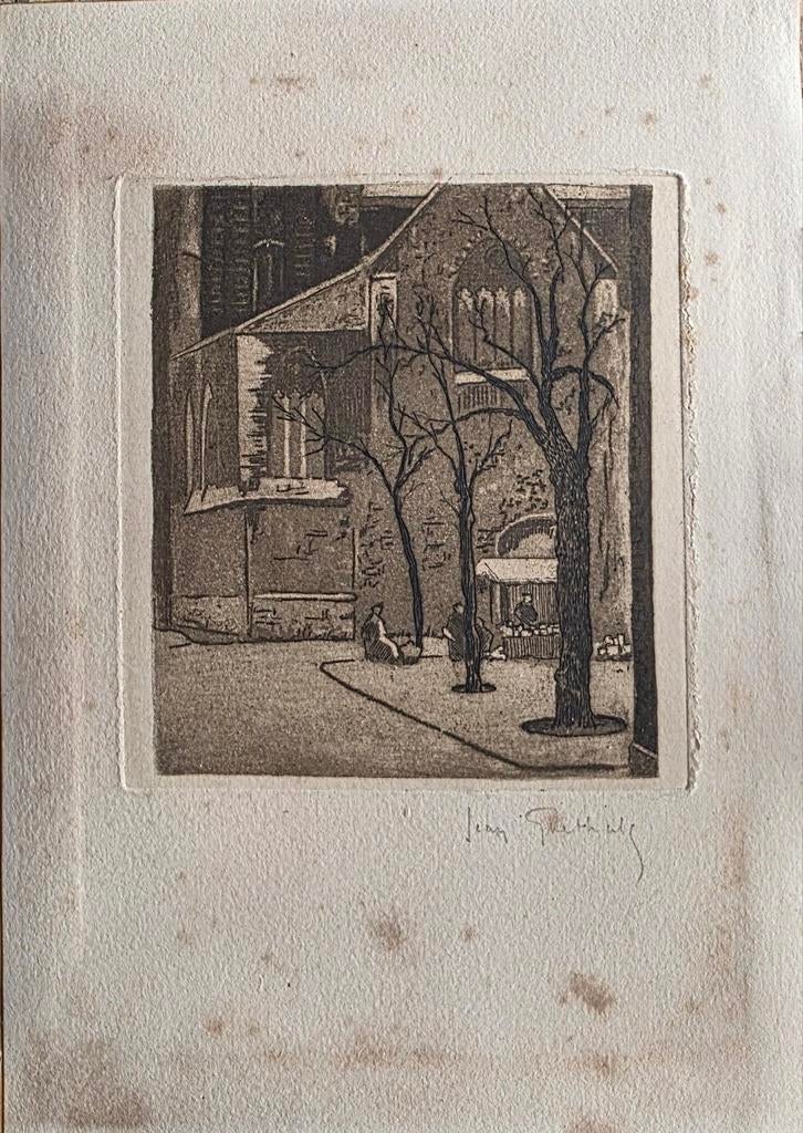 Gravure ancienne signée Jean Goethals – encadrée, Enlèvement, Architecture, Gravure, Avec passe-partout