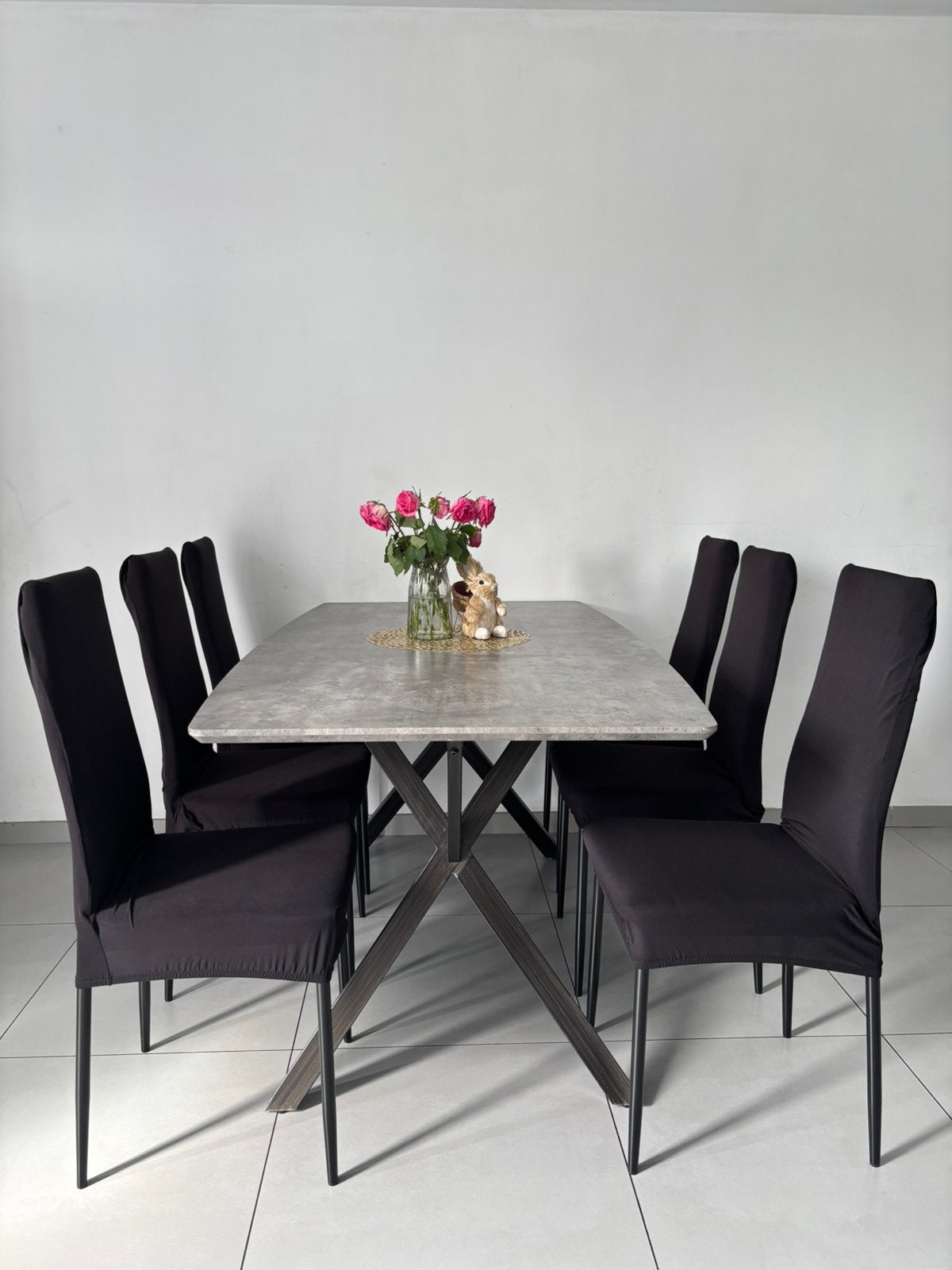 Complete en moderne eetkamerset (6 stoelen + 6 stoelhozen), Huis en Inrichting, Tafels | Eettafels, Ophalen, Gebruikt, 50 tot 100 cm