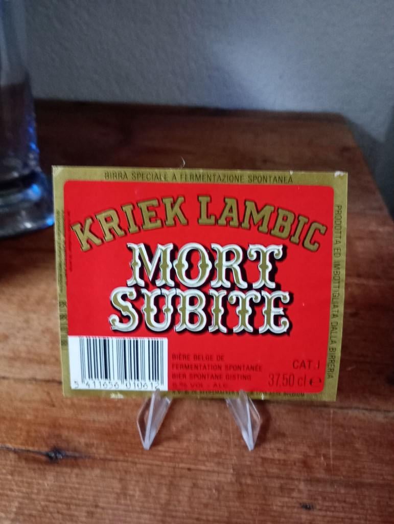 Brasserie bière ancienne étiquette Kriek Lambic Mort Subite, Enlèvement ou Envoi, Comme neuf, Panneau, Plaque ou Plaquette publicitaire
