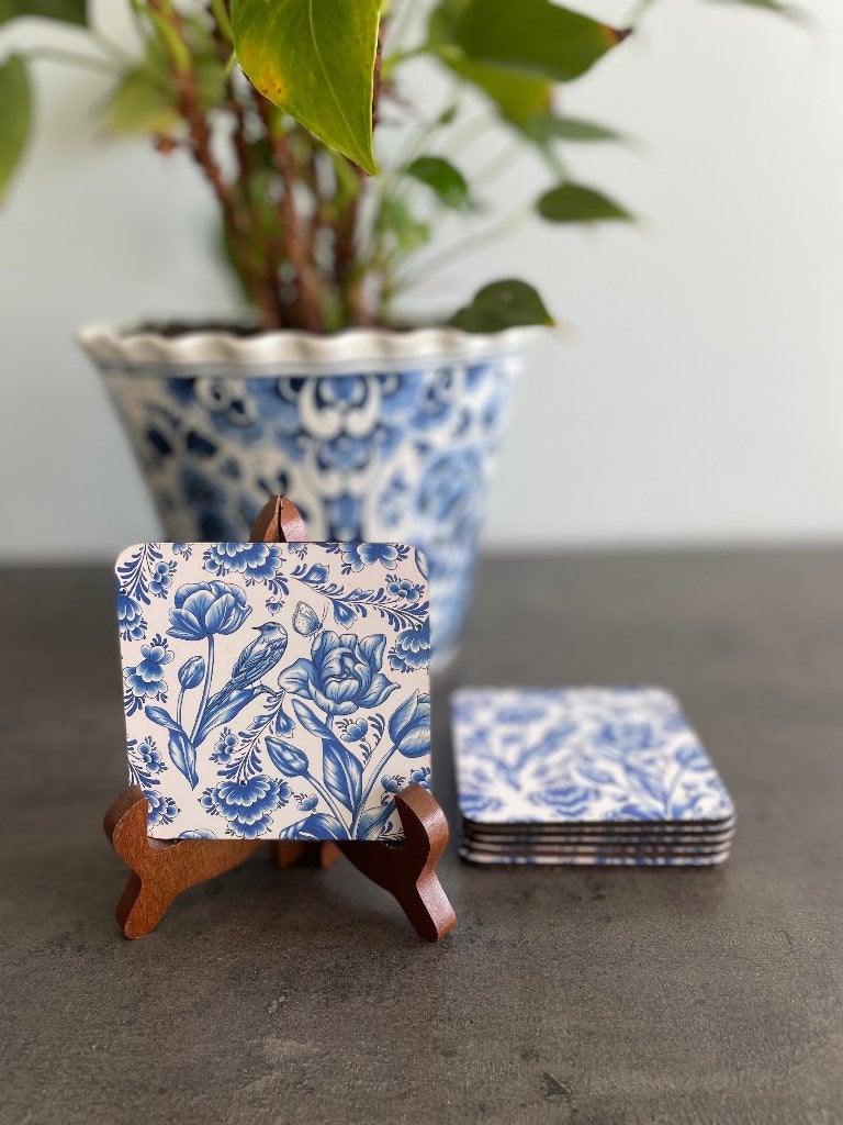 6 sous-verres carrés à motif floral bleu de Delft, Enlèvement, Comme neuf, Verre ou Tasse