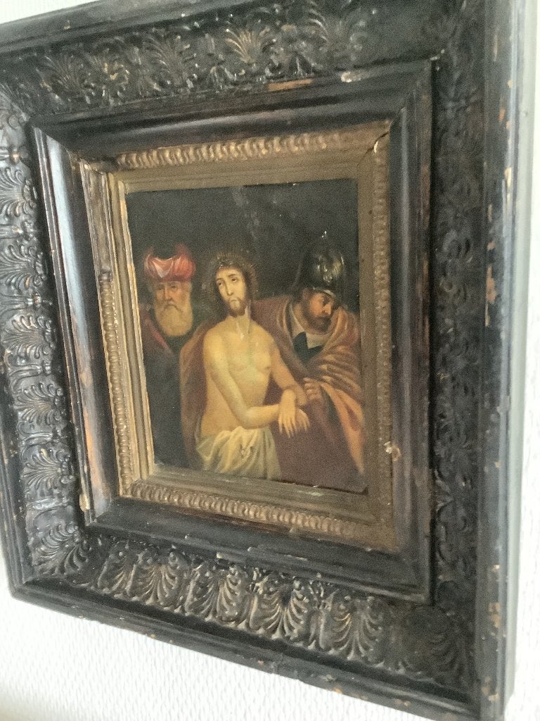 Antiek schilderijtje op koper, Portrait ou Personnes, Peinture à l'huile, Métal, Enlèvement