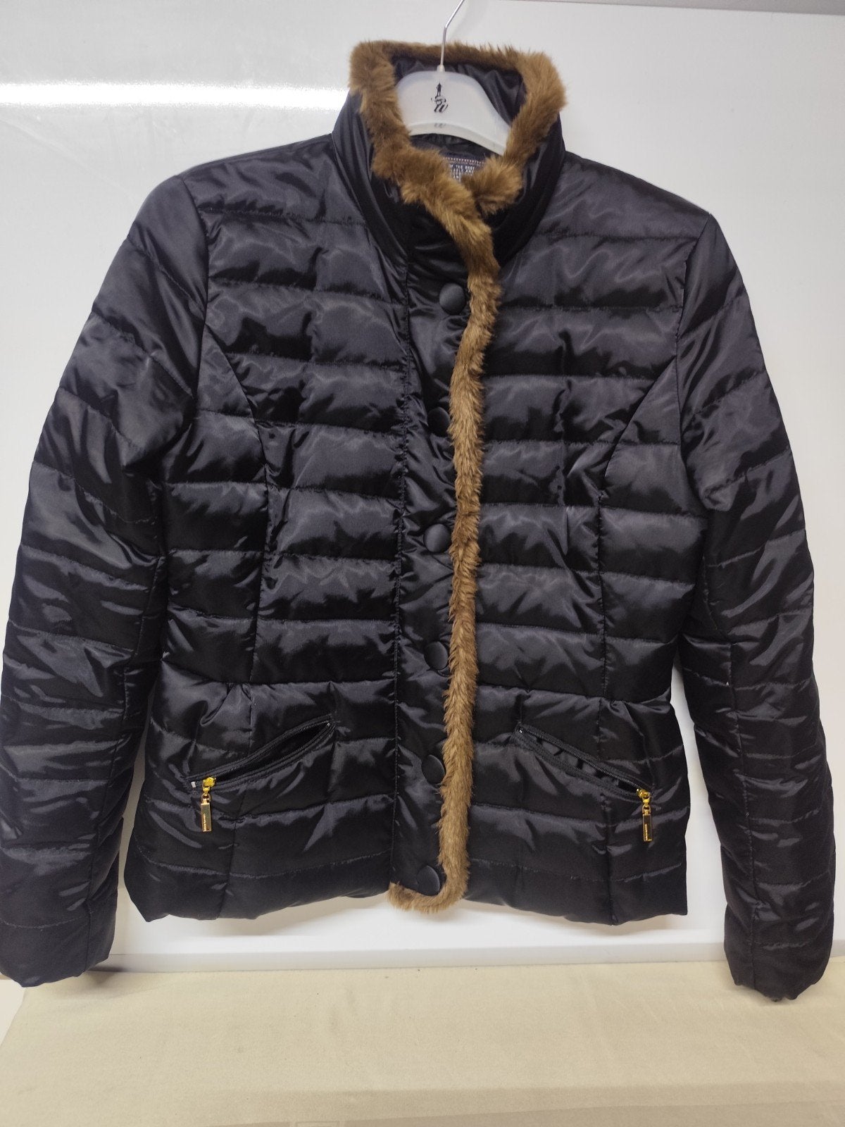 River Woods donker blauwe jas met pels afgewerkt. Maat L., Kleding | Dames, Ophalen, Maat 42/44 (L)