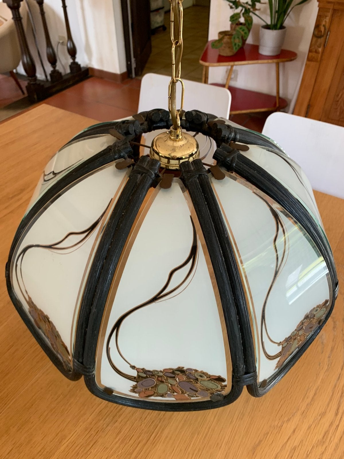 Vintage hanglamp / luster in tiffany stijl, Huis en Inrichting, Ophalen, Gebruikt, Glas