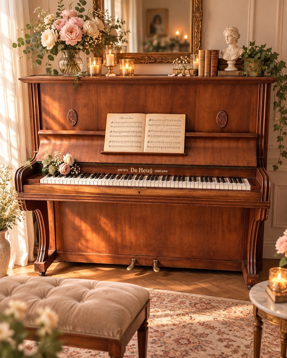 Vintage piano De Heug Charleroi – prachtig houten model, Muziek en Instrumenten, Ophalen of Verzenden, Zo goed als nieuw, Piano