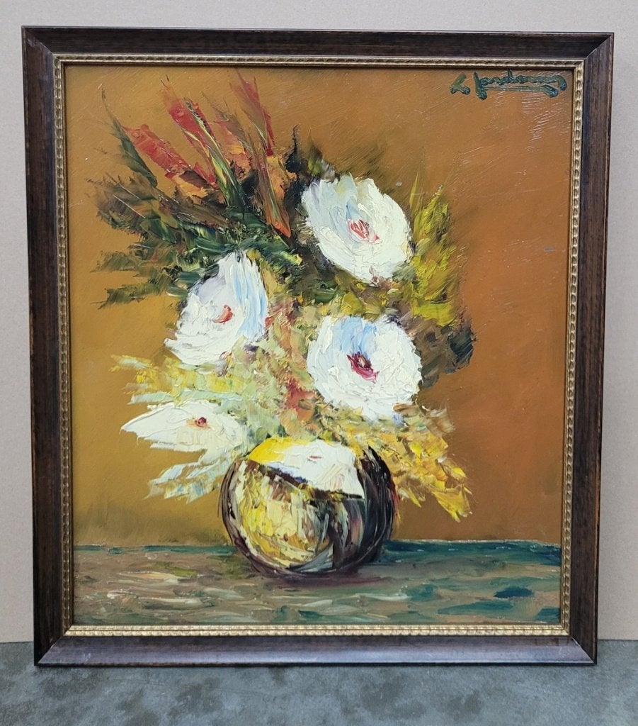 Leo JORDAENS, vaas met wite bloemen, Bloemen, Paneel, Ophalen of Verzenden, Olieverf