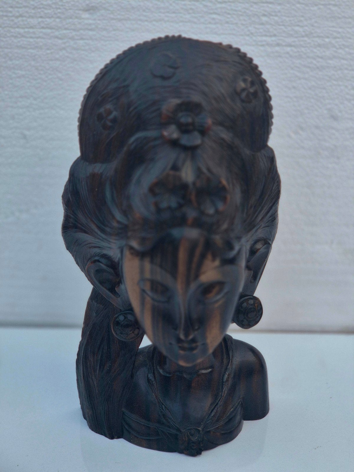 Balinese houten damesbuste – handgesneden – vintage – 25 cm, Hout, Bruin, Handgemaakt, Ophalen of Verzenden